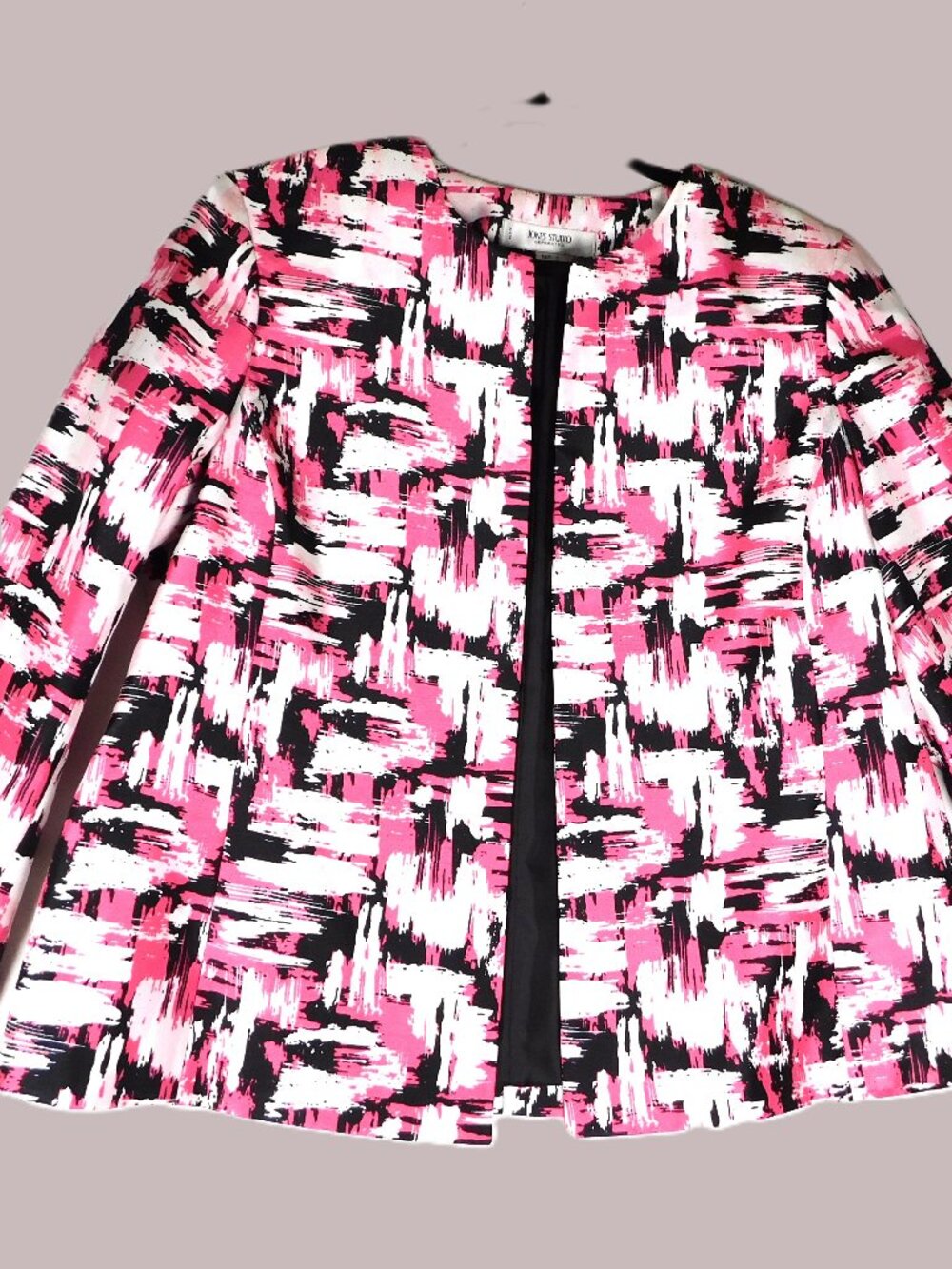 Jones Studio Women's  16P Bright Pink /White / Black Deco Art Open Jacket/Blazer